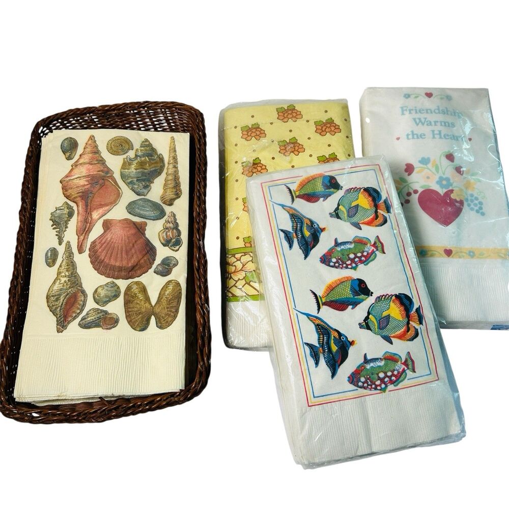 Disposable Guest Towel Basket Vintage Paper Napkin Lot Shells Tropical Fish